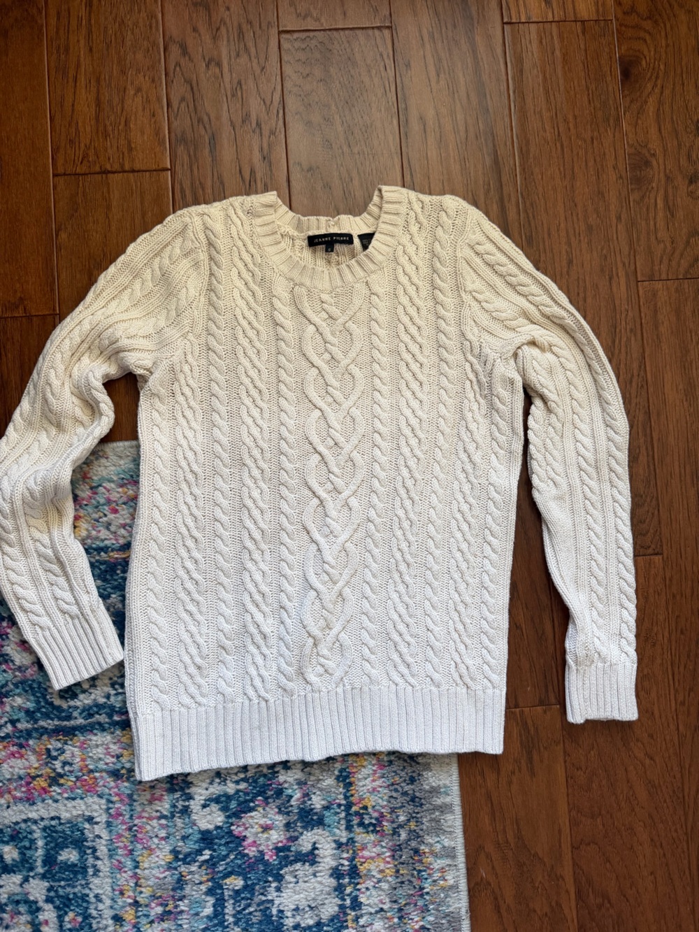 JEANNE PIERRE Cream Cable Knit Crewneck Sweater 100% Cotton Small